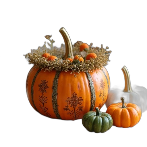 crown, photorealistic, 3d render, earth tones, decorative, pumpkin-shaped, basket, floral transparent PNG cut-out