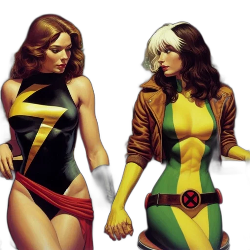 comic book art, concept art, golden, two, female, superheroes, converse, intently transparent PNG cut-out