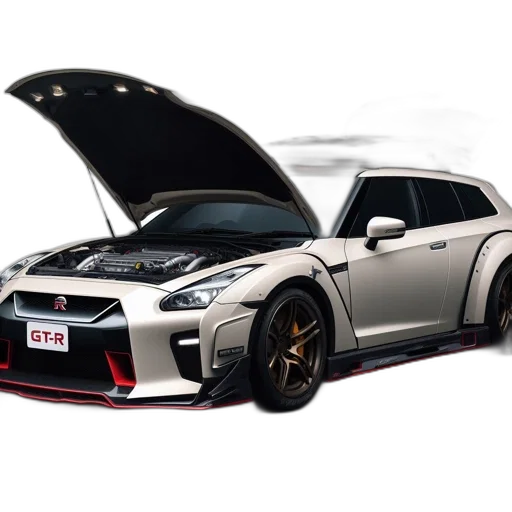 car, 3d render, photorealistic, nissan, gt-r, hood, open, side transparent PNG cut-out