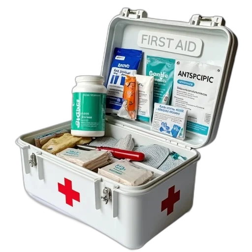 first, aid, kit, open, displaying, contents, includes, variety transparent PNG cut-out