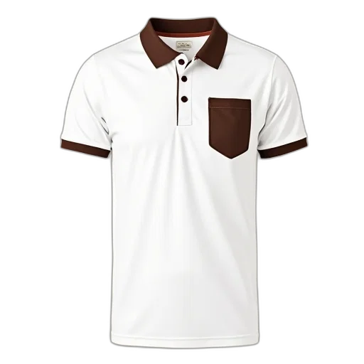 3d render, white, polo, shirt, brown, collar, patch, left transparent PNG cut-out
