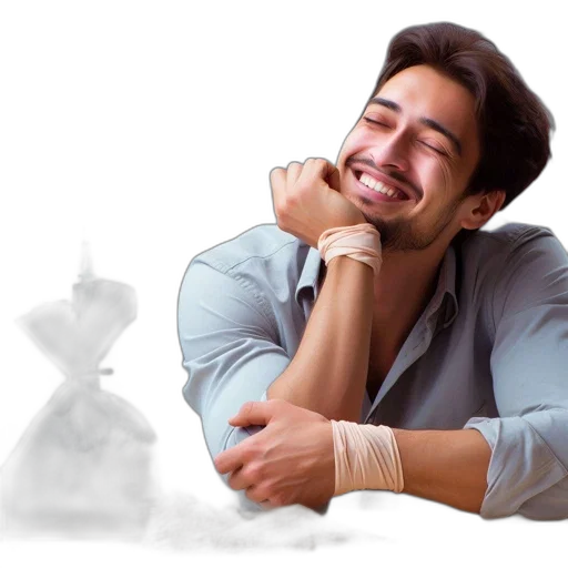 staff, photorealistic, 3d render, concept art, man, leans, elbow, smirking transparent PNG cut-out