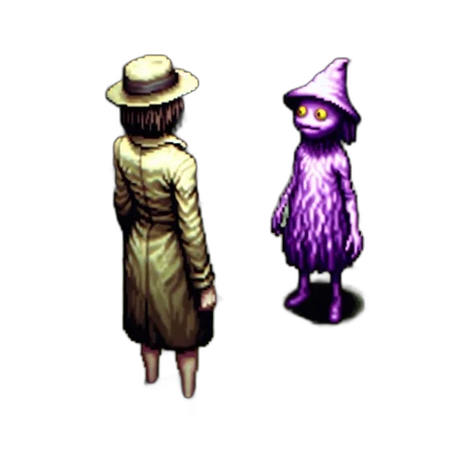 hat, dress, staff, creature, pixel art, concept art, 3d render, fantasy art transparent PNG cut-out