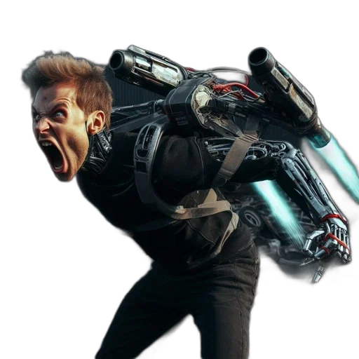 robot, jacket, weapon, car, cyberpunk, concept art, 3d render, photorealistic transparent PNG cut-out