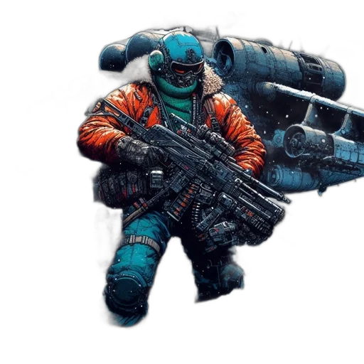weapon, jacket, robot, staff, concept art, pixel art, cyberpunk, 3d render transparent PNG cut-out