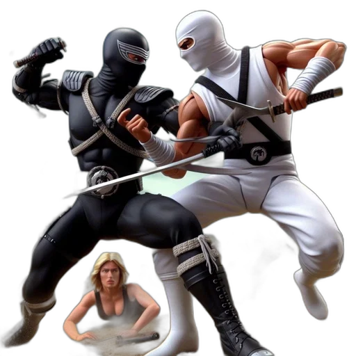 weapon, concept art, comic book art, 3d render, two, ninjas, one, black transparent PNG cut-out