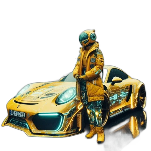 car, jacket, robot, weapon, concept art, 3d render, cyberpunk, fantasy art transparent PNG cut-out