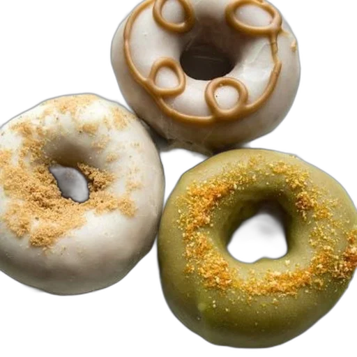 food, jewelry, 3d render, golden, earth tones, three, donuts, different transparent PNG cut-out