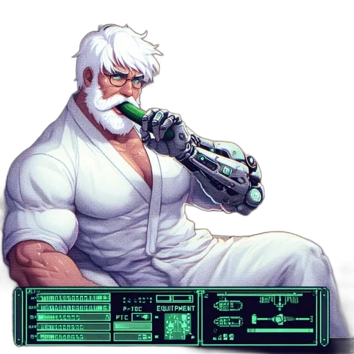 robot, weapon, bottle, staff, cyberpunk, pixel art, vaporwave, concept art transparent PNG cut-out