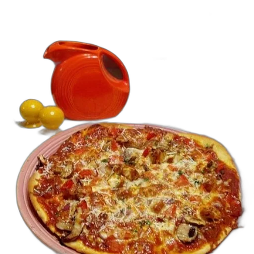 food, weapon, 3d render, photorealistic, pizza, mushrooms, cheese, pink transparent PNG cut-out