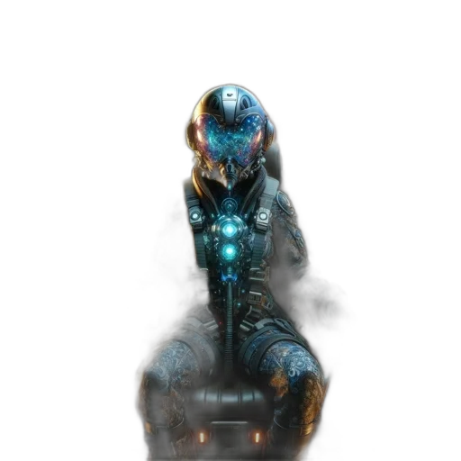 robot, creature, mask, weapon, concept art, cyberpunk, 3d render, fantasy art transparent PNG cut-out