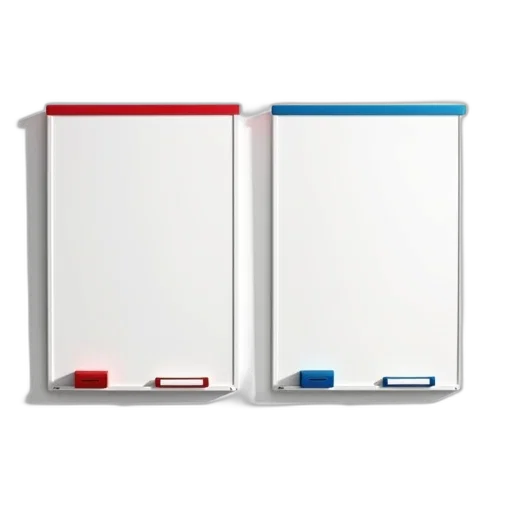 3d render, two, identical, whiteboards, red, blue, border, placed transparent PNG cut-out