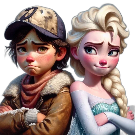 fantasy art, concept art, 3d render, photorealistic, snow, two, characters, sad transparent PNG cut-out
