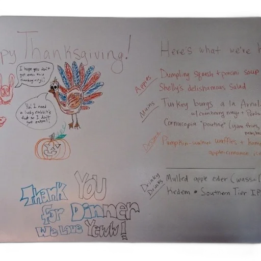 whiteboard, thanksgiving-themed, drawing, turkey, various, thanksgiving, dishes, listed transparent PNG cut-out