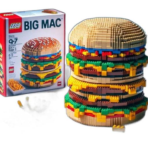 food, 3d render, lego, build, represents, giant, burger, composed transparent PNG cut-out