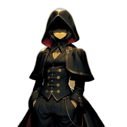 mask, jacket, staff, concept art, pixel art, fantasy art, comic book art, dark transparent PNG cut-out