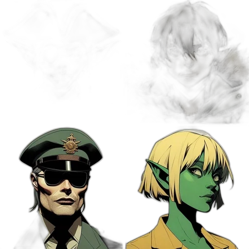 hat, mask, concept art, comic book art, anime, watercolor, green, earth tones transparent PNG cut-out