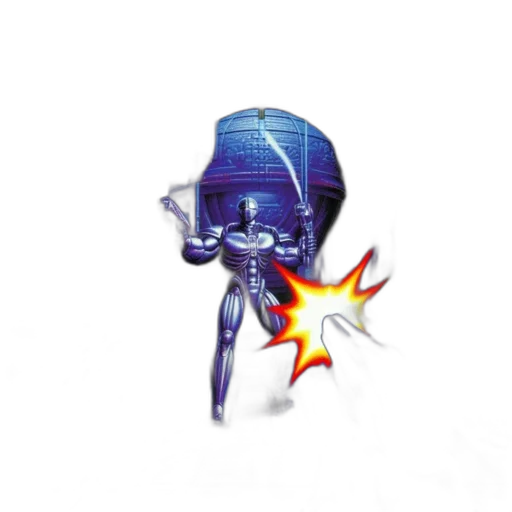 robot, weapon, staff, hat, concept art, pixel art, vaporwave, outer space transparent PNG cut-out