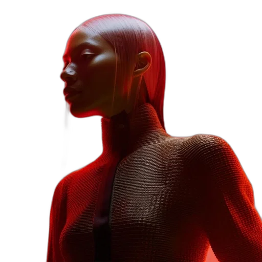 dress, robot, jacket, hair, 3d render, cyberpunk, neon lights, red transparent PNG cut-out