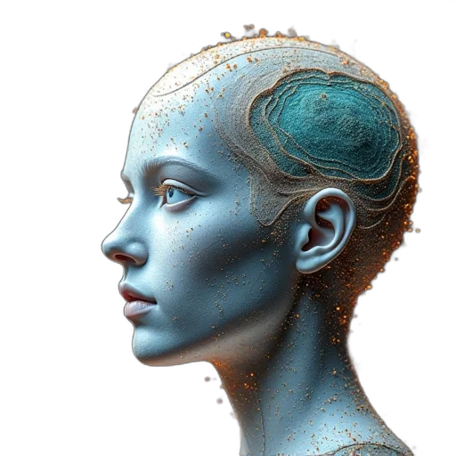 robot, crown, face, hair, concept art, photorealistic, 3d render, fantasy art transparent PNG cut-out