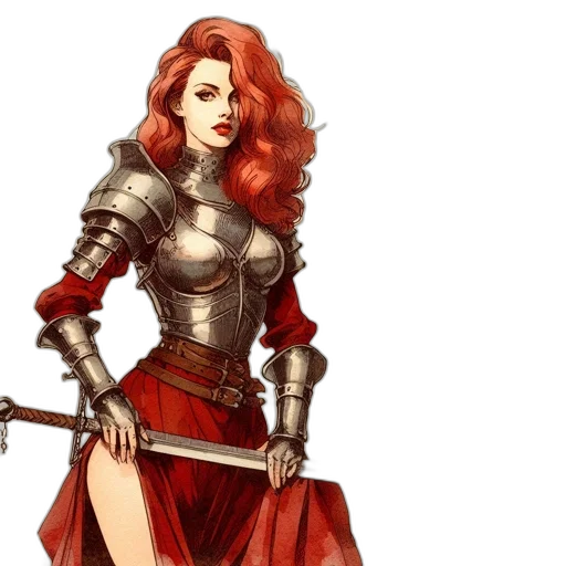 sword, fantasy art, concept art, comic book art, pixel art, red, armored, woman transparent PNG cut-out