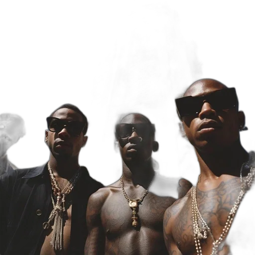 four, men, sunglasses, tattoos, jewelry, stand, front, tall transparent PNG cut-out