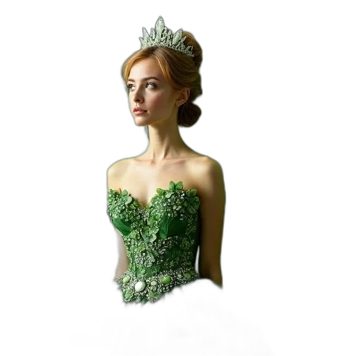 crown, dress, jewelry, photorealistic, 3d render, concept art, fantasy art, green transparent PNG cut-out