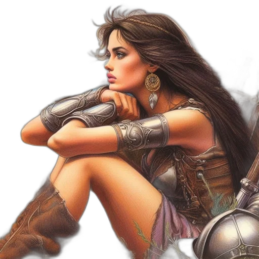 sword, weapon, fantasy art, concept art, photorealistic, comic book art, earth tones, woman transparent PNG cut-out