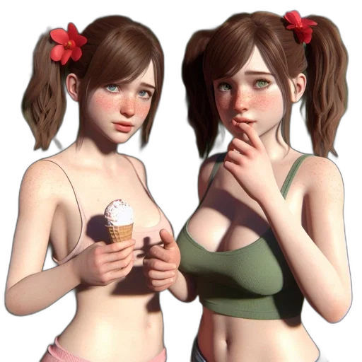 concept art, 3d render, photorealistic, pixel art, pastel, two, girls, braided transparent PNG cut-out