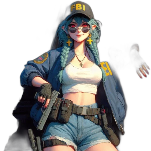 jacket, weapon, hat, concept art, cyberpunk, comic book art, anime, blue transparent PNG cut-out