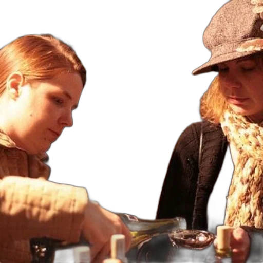 hat, two, women, one, pouring, wine, bottle, into transparent PNG cut-out