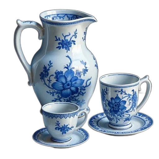 photorealistic, 3d render, blue, painting, white, porcelain, jug, glass transparent PNG cut-out