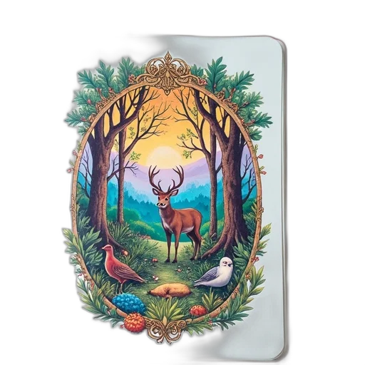 fantasy art, forest, colorful, illustration, scene, various, animals, plants transparent PNG cut-out
