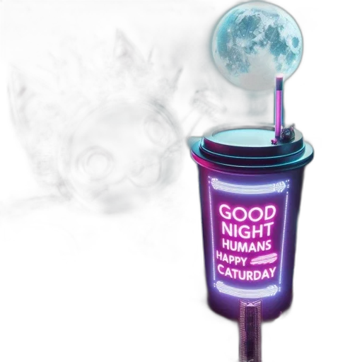 staff, bottle, vaporwave, future, cityscape, robotic, cat, wearing transparent PNG cut-out