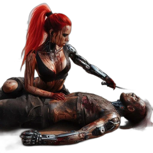 cyberpunk, concept art, comic book art, 3d render, fire, post-apocalyptic, setting, woman transparent PNG cut-out