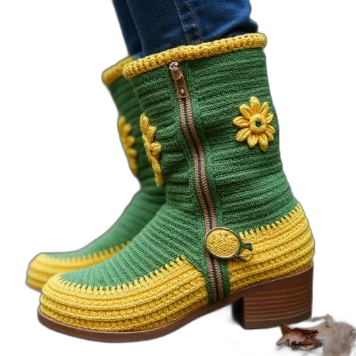 shoes, photorealistic, green, yellow, crochet, vest, pair, booties transparent PNG cut-out