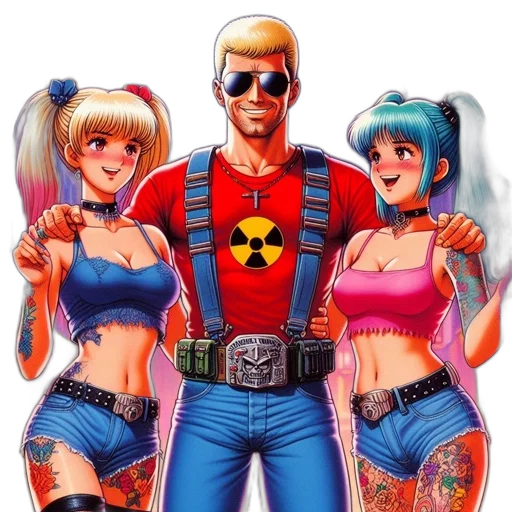 comic book art, cyberpunk, concept art, cartoon, three, animated, characters, stand transparent PNG cut-out