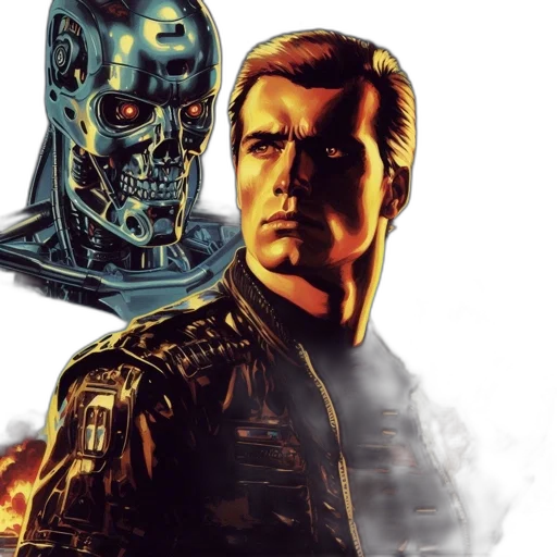 robot, comic book art, cyberpunk, concept art, against, inferno-hued, backdrop, man transparent PNG cut-out