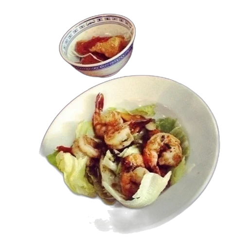 food, photorealistic, plate, shrimp, salad, lettuce, bowl, rice transparent PNG cut-out