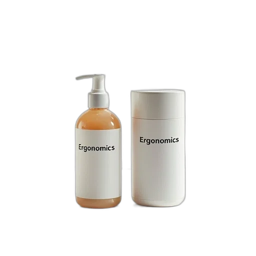 bottle, liquid, label, reads, ergonomics, placed, next, cylindrical transparent PNG cut-out