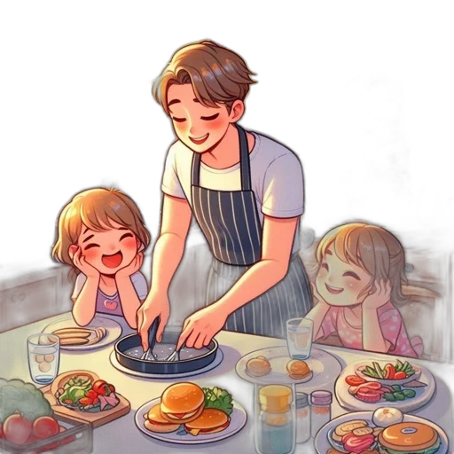 food, watercolor, oil painting, photorealistic, concept art, fire, father, cooks transparent PNG cut-out