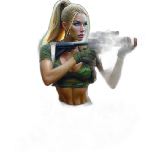 weapon, concept art, pixel art, fantasy art, comic book art, determined, woman, camo transparent PNG cut-out