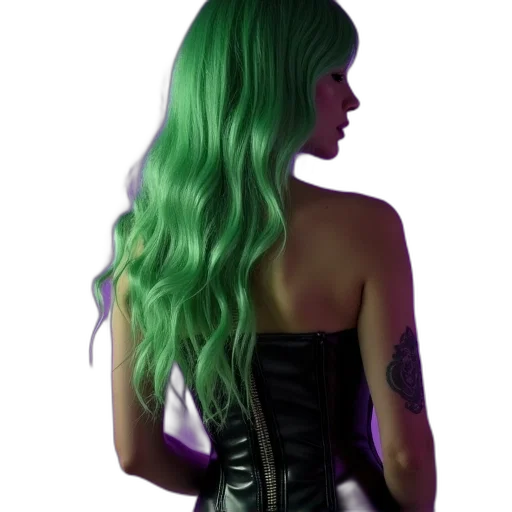 hair, dress, cyberpunk, photorealistic, concept art, fantasy art, neon lights, green transparent PNG cut-out