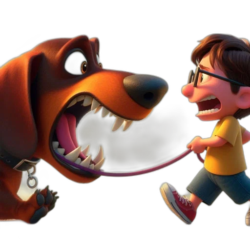 concept art, 3d render, cartoon, young, boy, holds, leash, fierce transparent PNG cut-out