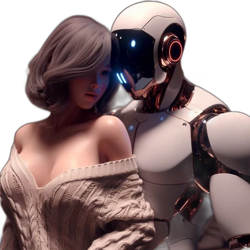 robot, cyberpunk, concept art, 3d render, comic book art, neon lights, woman, silver transparent PNG cut-out