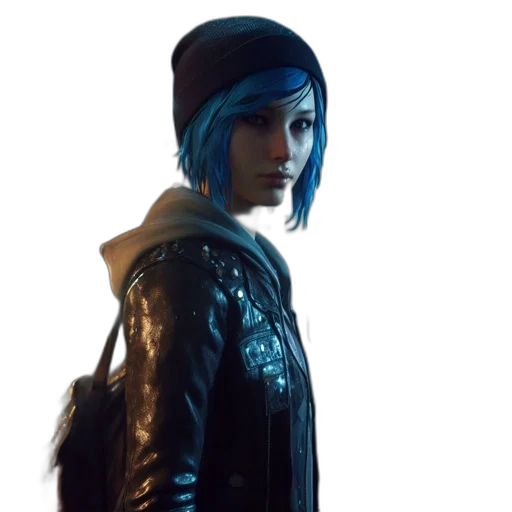 jacket, face, hat, cyberpunk, concept art, photorealistic, 3d render, blue transparent PNG cut-out