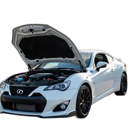 car, 3d render, white, hood, open, parked, paved, surface transparent PNG cut-out