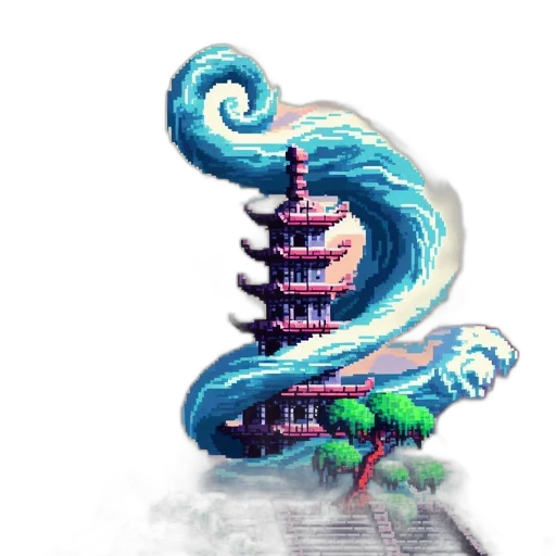 dragon, tree, staff, dress, pixel art, vaporwave, concept art, fantasy art transparent PNG cut-out