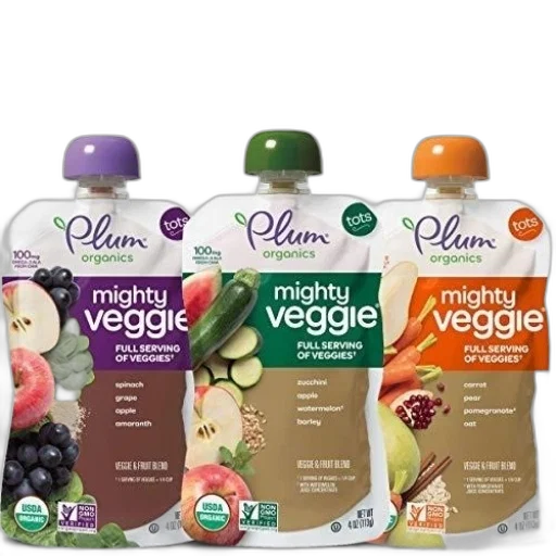 three, pouches, plum, organics, mighty, veggie, blends, different transparent PNG cut-out