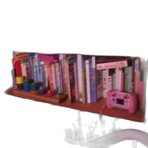 furniture, jewelry, 3d render, photorealistic, bookshelf, filled, books, toys transparent PNG cut-out